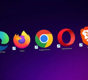 Screen with browsers on Desktop: Microsoft Edge, Firefox, Google Chrome, Opera-Browser and Brave