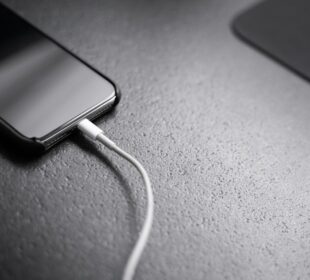 black smartphone with charger cord connected